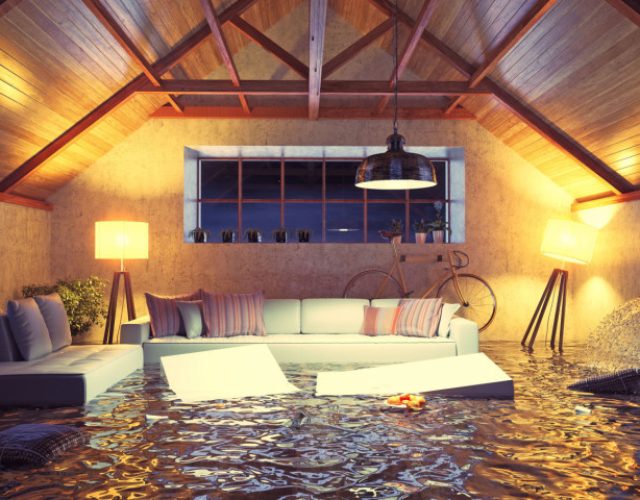 flooding  modern interior loft in the evening. 3d concept design.